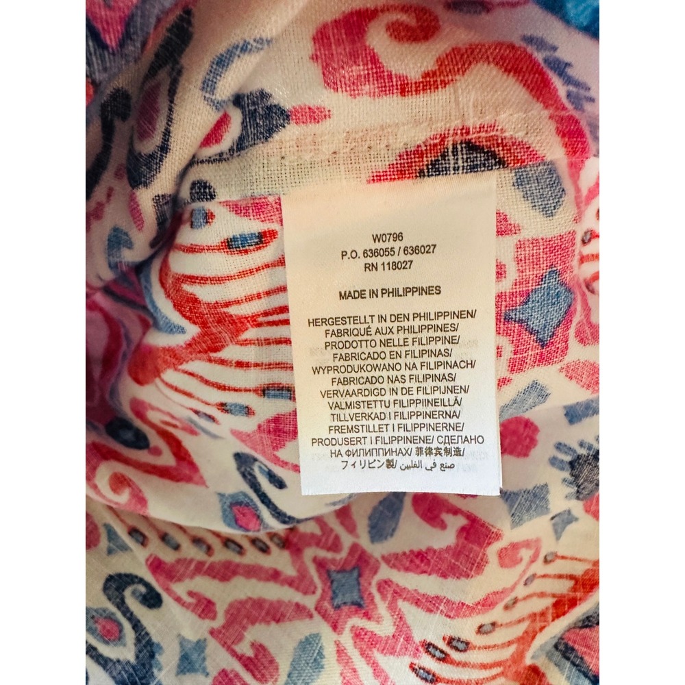 Boho Boden Ikat Tiered Mini Dress Size 10 Pink Blue Bell Sleeve V-Neck - Picture 7 of 7